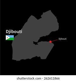 Detailed map of Djibouti and capital city Djibouti with flag on black background