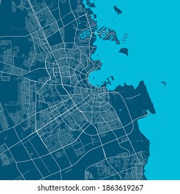 Detailed map of Doha city administrative area. Royalty free vector illustration. Decorative graphic tourist map of Doha territory.