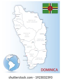 Detailed map of Dominica administrative divisions with country flag and location on the globe. Vector illustration