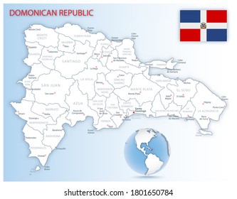 Detailed map of Dominican Republic administrative divisions with country flag and location on the globe. Vector illustration