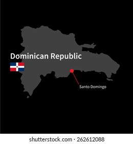 Detailed map of Dominican Republic and capital city Santo Domingo with flag on black background