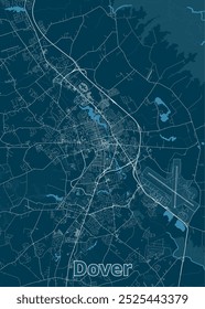 A detailed map of Dover, featuring a network of roads and streets, with a prominent airport in the lower right corner. The map is rendered in a minimalist style with white lines on a dark blue