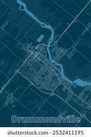 A detailed map of Drummondville, Quebec, Canada, rendered in a minimalist style. The map features a network of roads and streets, with a prominent river winding through the city.