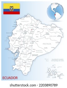 Detailed map of Ecuador administrative divisions with country flag and location on the globe. Vector illustration