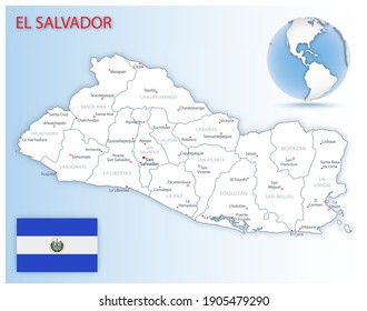 Mapa detallado de las divisiones administrativas de El Salvador con bandera del país y ubicación en el mundo. Ilustración del vector