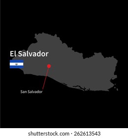 Detailed map of El Salvador and capital city San Salvador with flag on black background