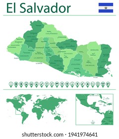 Mapa detallado de El Salvador con bandera del país y ubicación en el mapa del mundo. Ilustración del vector