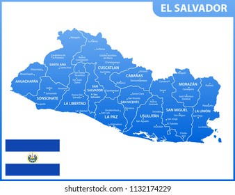 The detailed map of El Salvador with regions or states and cities, capital. Administrative division.