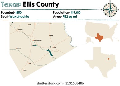 Detailed Map Of Ellis County In Texas, USA.