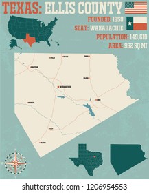 Detailed Map Of Ellis County In Texas, USA