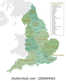 Detailed map of England with administrative divisions into regions, counties and districts, major cities of the country, vector illustration onwhite background