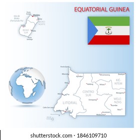 Detailed map of Equatorial Guinea administrative divisions with country flag and location on the globe. Vector illustration