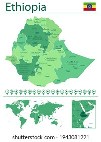 Detailed map of Ethiopia with country flag and location on world map. Vector illustration