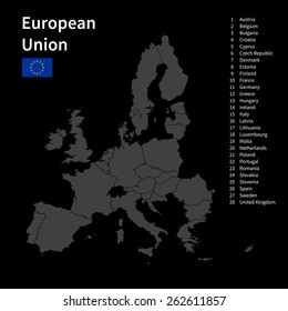 Detailed map of European Union and European countries with flag on black background