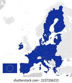 Detailed map of the European Union with flag, member states highlighted in blue