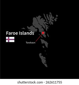 Detailed map of Faroe Islands and capital city Torshavn with flag on black background