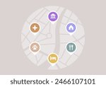 A detailed map featuring a variety of icons representing city services, such as parks, hospitals, schools, hotels, restaurants, and more.