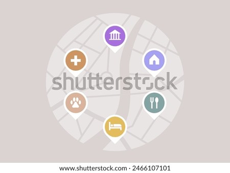 A detailed map featuring a variety of icons representing city services, such as parks, hospitals, schools, hotels, restaurants, and more.