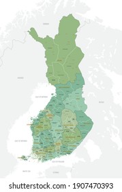 Mapa detallado de Finlandia con divisiones administrativas en regiones y subregiones, grandes ciudades del país, ilustración vectorial sobre fondo blanco