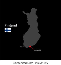 Detailed map of Finland and capital city Helsinki with flag on black background