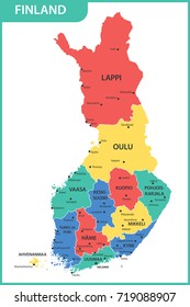 The detailed map of the Finland with regions or states and cities, capitals