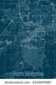 Mapa detallado de Fort Wayne, Indiana, renderizado en un estilo minimalista. El mapa presenta un fondo verde azulado oscuro con líneas blancas que representan carreteras, calles y vías fluviales.