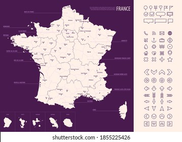 Detailed map of France with administrative divisions on a dark background, big cities of the country and icons set, vector illustration