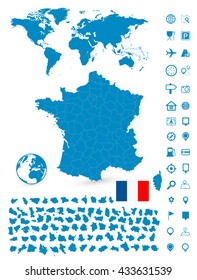 Detailed map of France and World map navigation set. Vector illustration.