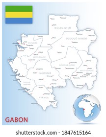 Detailed map of Gabon administrative divisions with country flag and location on the globe. Vector illustration