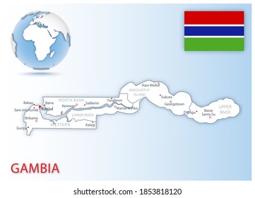 Detailed map of Gambia administrative divisions with country flag and location on the globe. Vector illustration