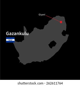 Detailed map of Gazankulu and capital city Giyani with flag on black background