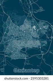 A detailed map of Gaziantep, Turkey, rendered in a minimalist style. The map features a deep blue background with white lines representing roads and streets.