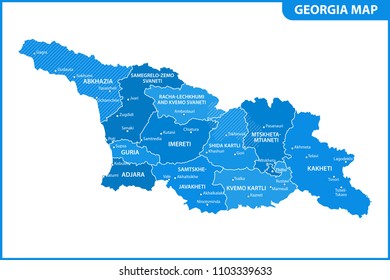 The detailed map of the Georgia with regions or states and cities, capital. Administrative division. South Ossetia and Abkhazia are marked as a disputed territory