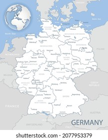 Mapa detallado de Alemania con distritos administrativos y ubicación en el mundo. Ilustración del vector