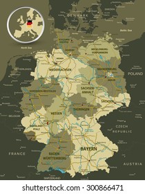 Detailed map of Germany with highways, railroads and water objects.