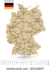 

Detailed map of Germany with highways, railroads and water objects isolated on white and navigation pictogram markers.