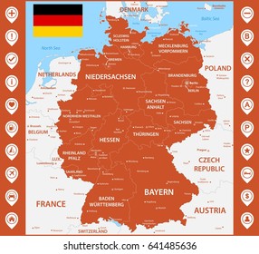 The detailed map of the Germany with regions or states and cities, capitals. With map pins or pointers. Place location markers or signs