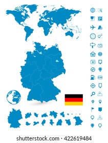 Detailed map of Germany and World map navigation set. Vector illustration.