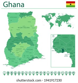 Detaillierte Karte von Ghana mit Landesflagge und Lage auf der Weltkarte. Vektorgrafik