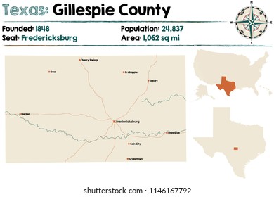 Detailed Map Of Gillespie County In Texas, USA.