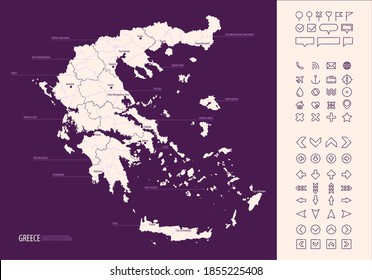 Detailed map of Greece with administrative divisions on a dark background, big cities of the country and icons set, vector illustration