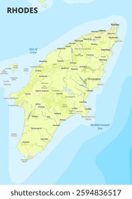 A detailed map of the Greek island of Rhodes, showcasing its coastline, major towns, and geographical features. The map is rendered in a light green color scheme.
