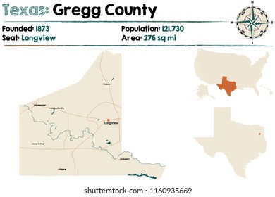 Detailed map of Gregg county in Texas, USA.