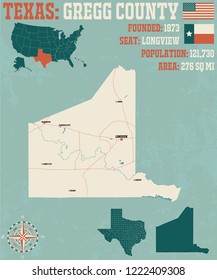 Detailed map of Gregg county in Texas, USA
