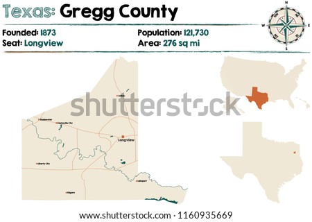Detailed map of Gregg county in Texas, USA.