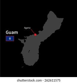 Detailed map of Guam and capital city Agana with flag on black background