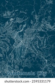 A detailed map of Guatemala City, rendered in a minimalist style. The city's streets and roads are depicted in white lines against a deep teal background.