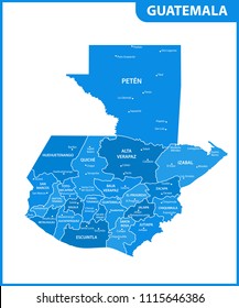 The detailed map of Guatemala with regions or states and cities, capital. Administrative division.