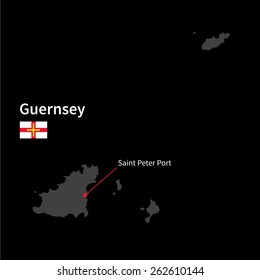 Detailed map of Guernsey and capital city Saint Peter Port with flag on black background