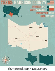 Detailed map of Harrison County in Texas, USA